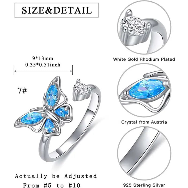 SMJEL Fidget Spinner Ring Anxiety for Women Multiple Crystal Flower Eye Butterfly Animal Ring Rotate Anti Stress Wedding Jewerly