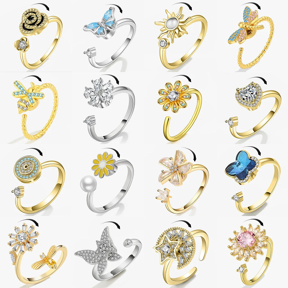 SMJEL Fidget Spinner Ring Anxiety for Women Multiple Crystal Flower Eye Butterfly Animal Ring Rotate Anti Stress Wedding Jewerly